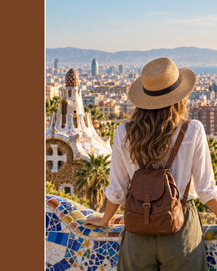 Originali redakcinė Barselonos panoramos, Sagrada Família silueto ir keliautojos iliustracija