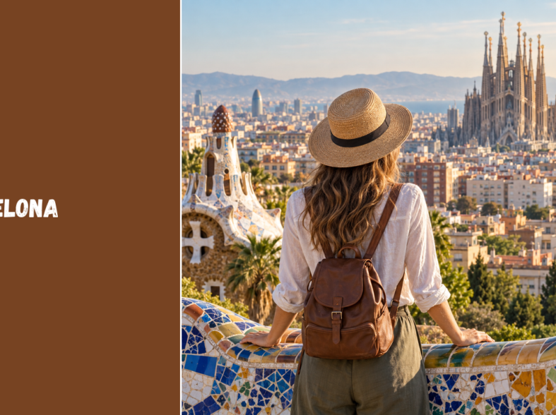 Originali redakcinė Barselonos panoramos, Sagrada Família silueto ir keliautojos iliustracija