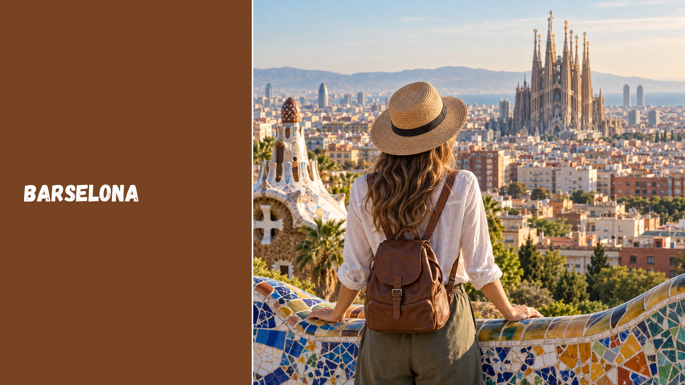 Originali redakcinė Barselonos panoramos, Sagrada Família silueto ir keliautojos iliustracija
