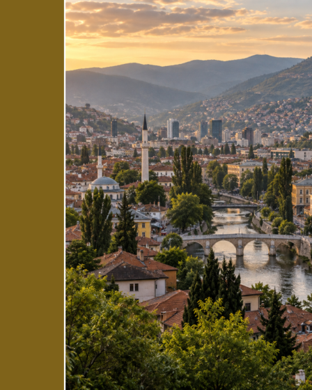 Originali redakcinė Sarajevo slėnio iliustracija su upe, tiltais, minaretais ir Dinarų kalnais