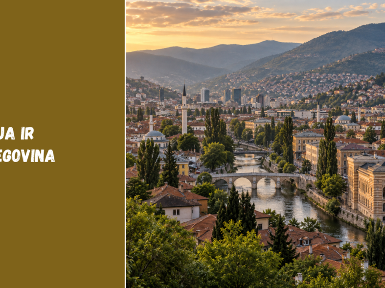 Originali redakcinė Sarajevo slėnio iliustracija su upe, tiltais, minaretais ir Dinarų kalnais