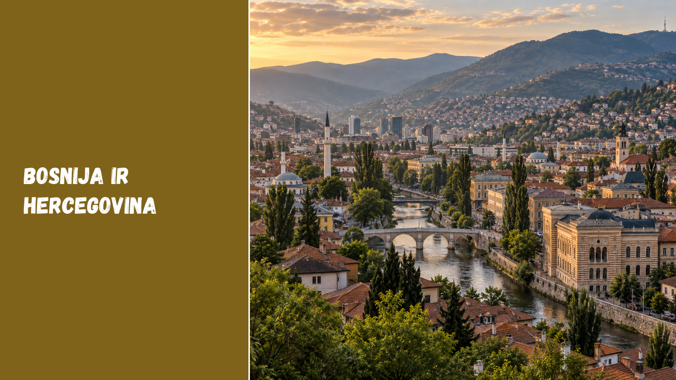 Originali redakcinė Sarajevo slėnio iliustracija su upe, tiltais, minaretais ir Dinarų kalnais