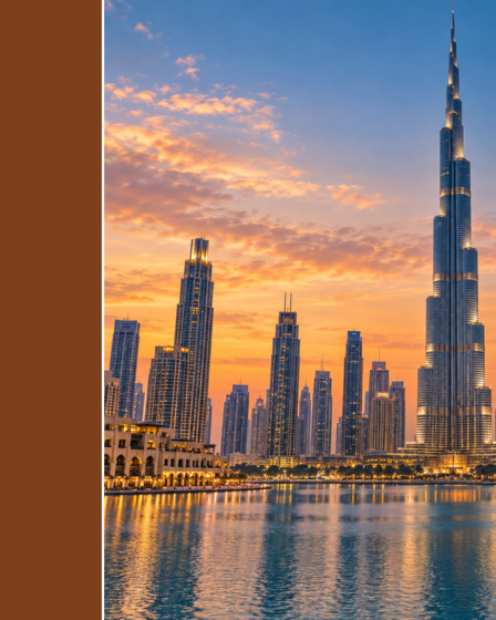 Dubajaus centro panorama su Burdž Chalifa bokštu vakaro šviesoje
