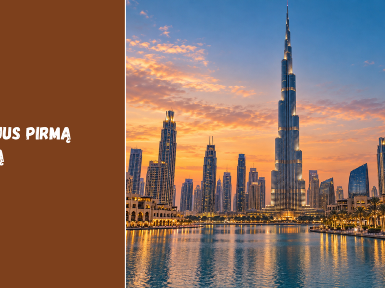 Dubajaus centro panorama su Burdž Chalifa bokštu vakaro šviesoje