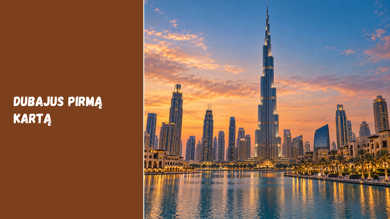 Dubajaus centro panorama su Burdž Chalifa bokštu vakaro šviesoje