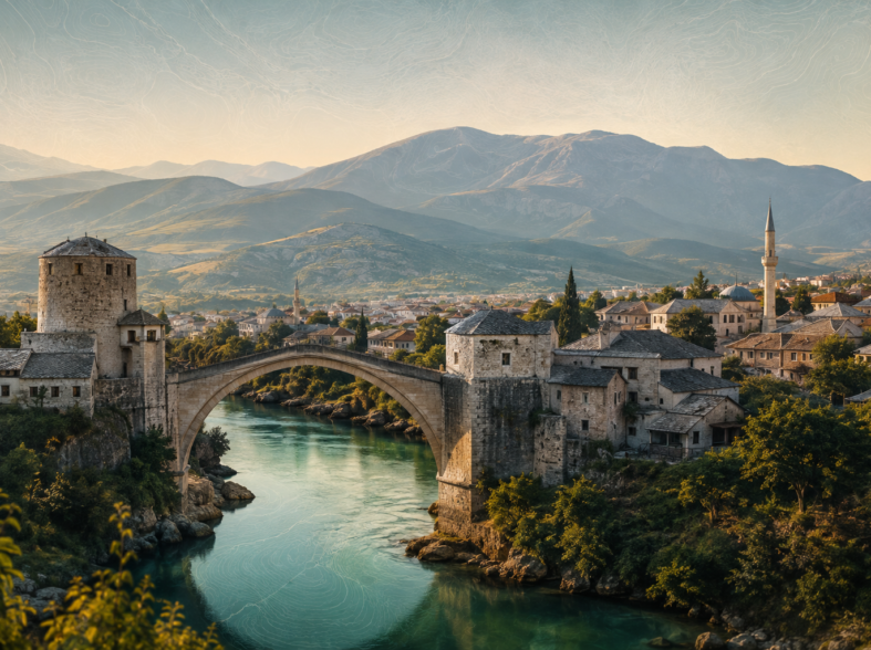 Originali redakcinė Bosnijos ir Hercegovinos kelionės iliustracija su Mostaro Senuoju tiltu, Neretvos upe ir Dinarų kalnais