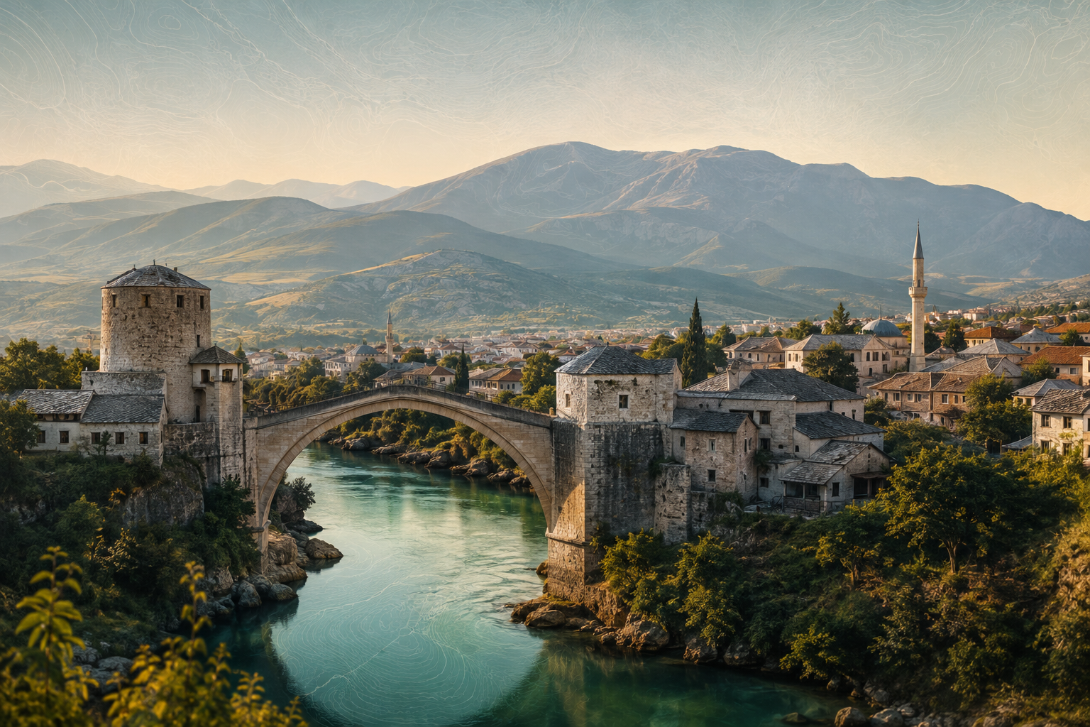 Originali redakcinė Bosnijos ir Hercegovinos kelionės iliustracija su Mostaro Senuoju tiltu, Neretvos upe ir Dinarų kalnais