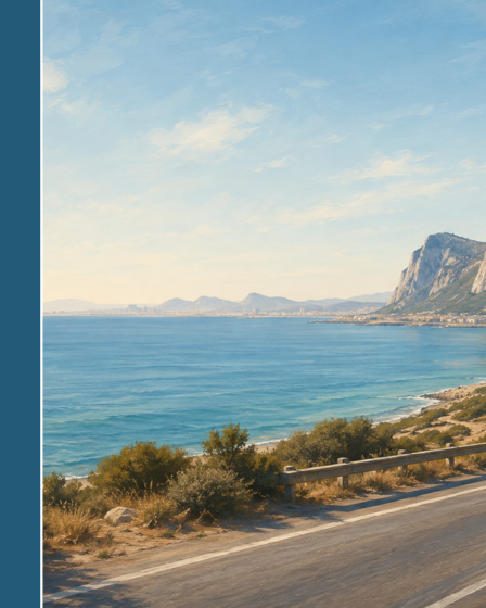 Originali iliustracija su pakrantės keliu iš Malagos ir Gibraltaro uola