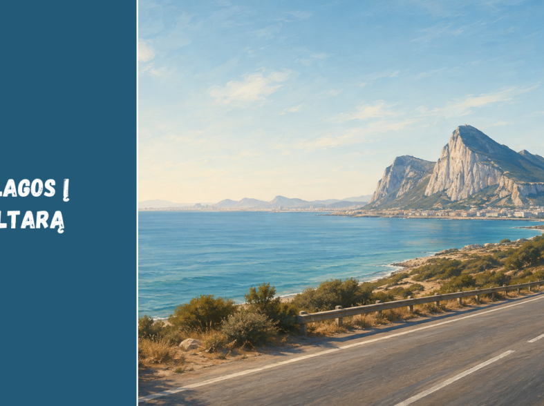 Originali iliustracija su pakrantės keliu iš Malagos ir Gibraltaro uola