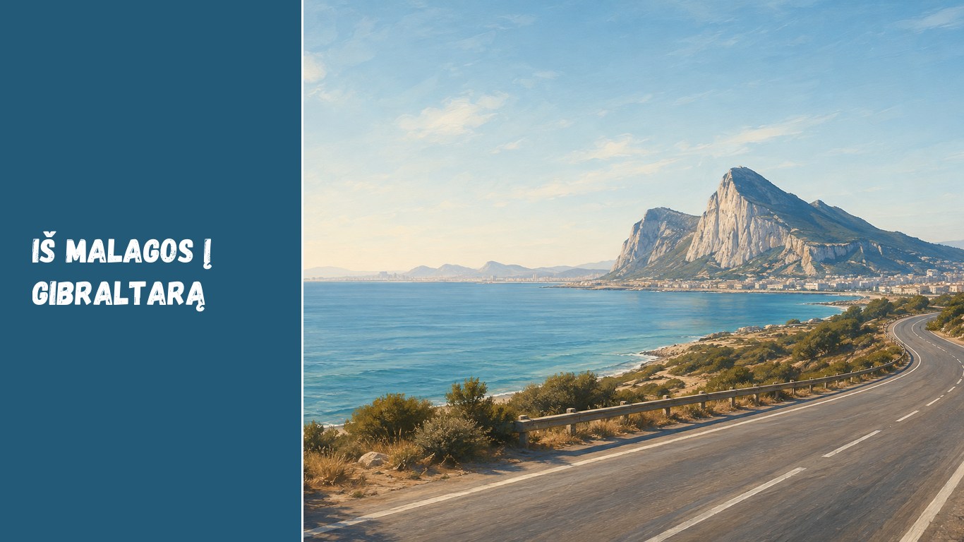Originali iliustracija su pakrantės keliu iš Malagos ir Gibraltaro uola