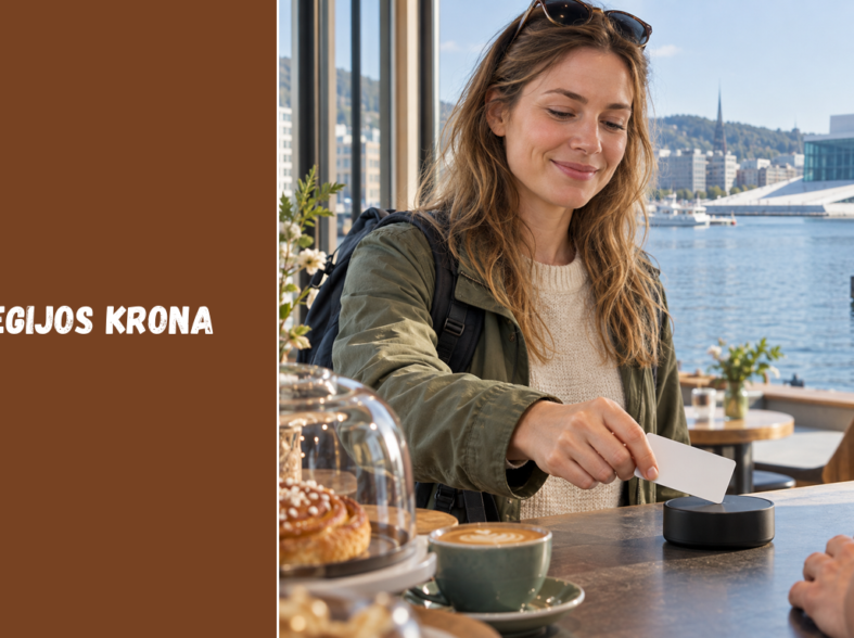 Keliautoja atsiskaito kortele Oslo kavinėje, už lango matyti fjordas ir miesto krantinė