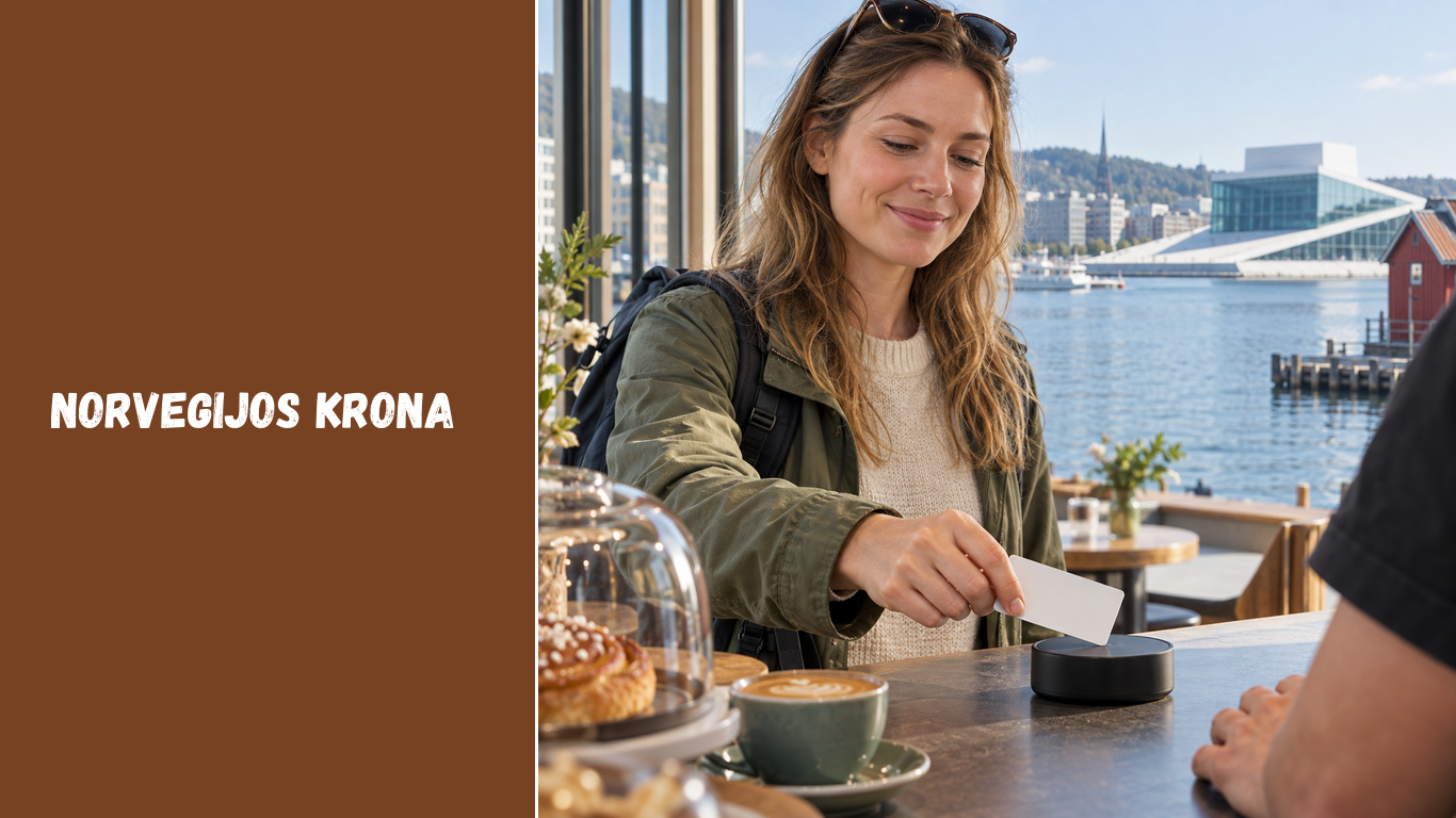 Keliautoja atsiskaito kortele Oslo kavinėje, už lango matyti fjordas ir miesto krantinė