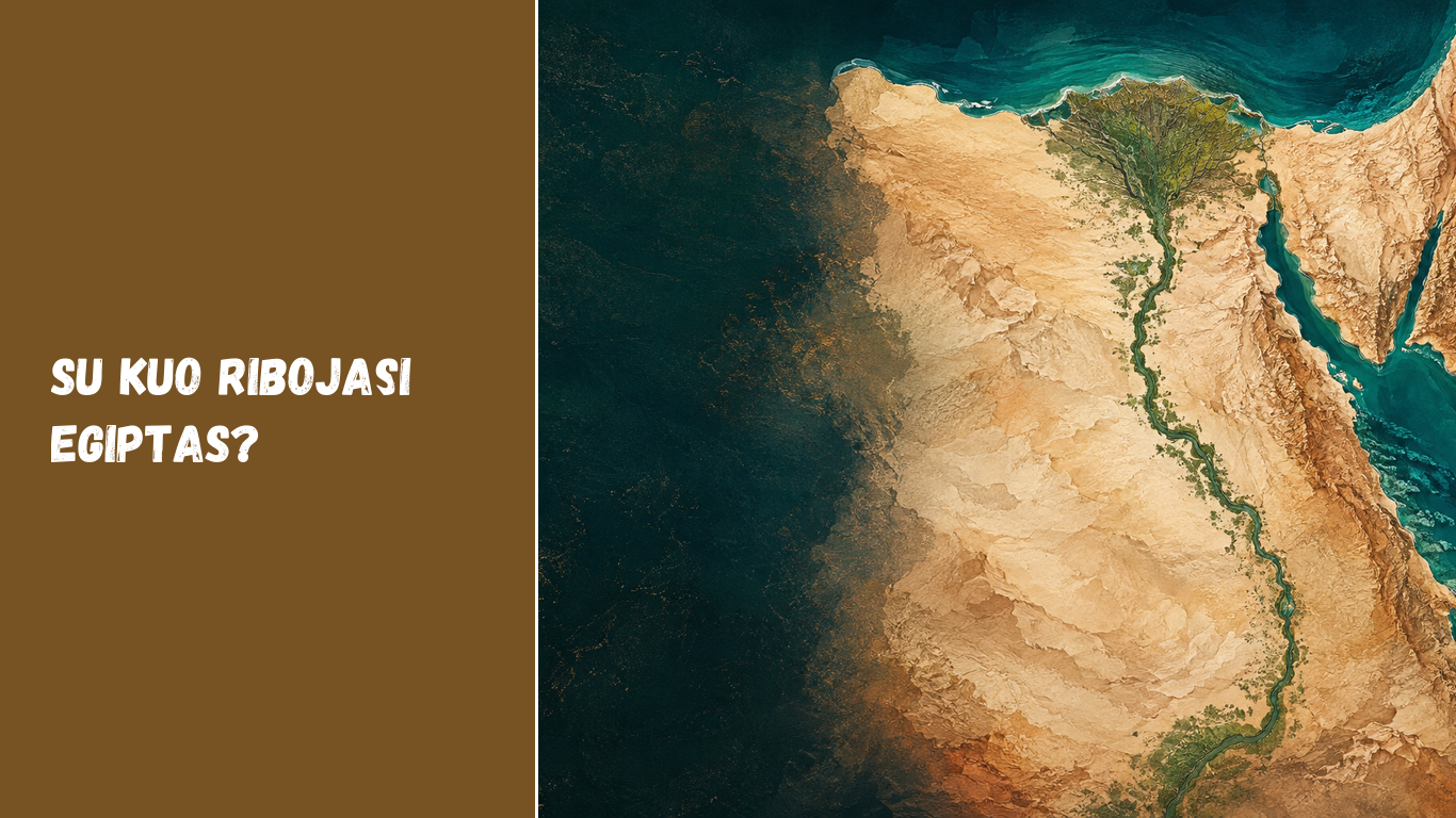 Stilizuota Egipto geografijos iliustracija su Nilu, Sinajumi ir dviem jūromis
