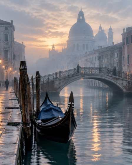 Rūku apgaubtas Venecijos kanalas vasario rytą su prišvartuota gondola ir šlapiu akmeniniu taku