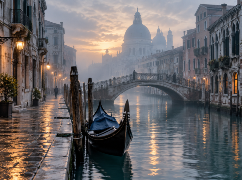 Rūku apgaubtas Venecijos kanalas vasario rytą su prišvartuota gondola ir šlapiu akmeniniu taku