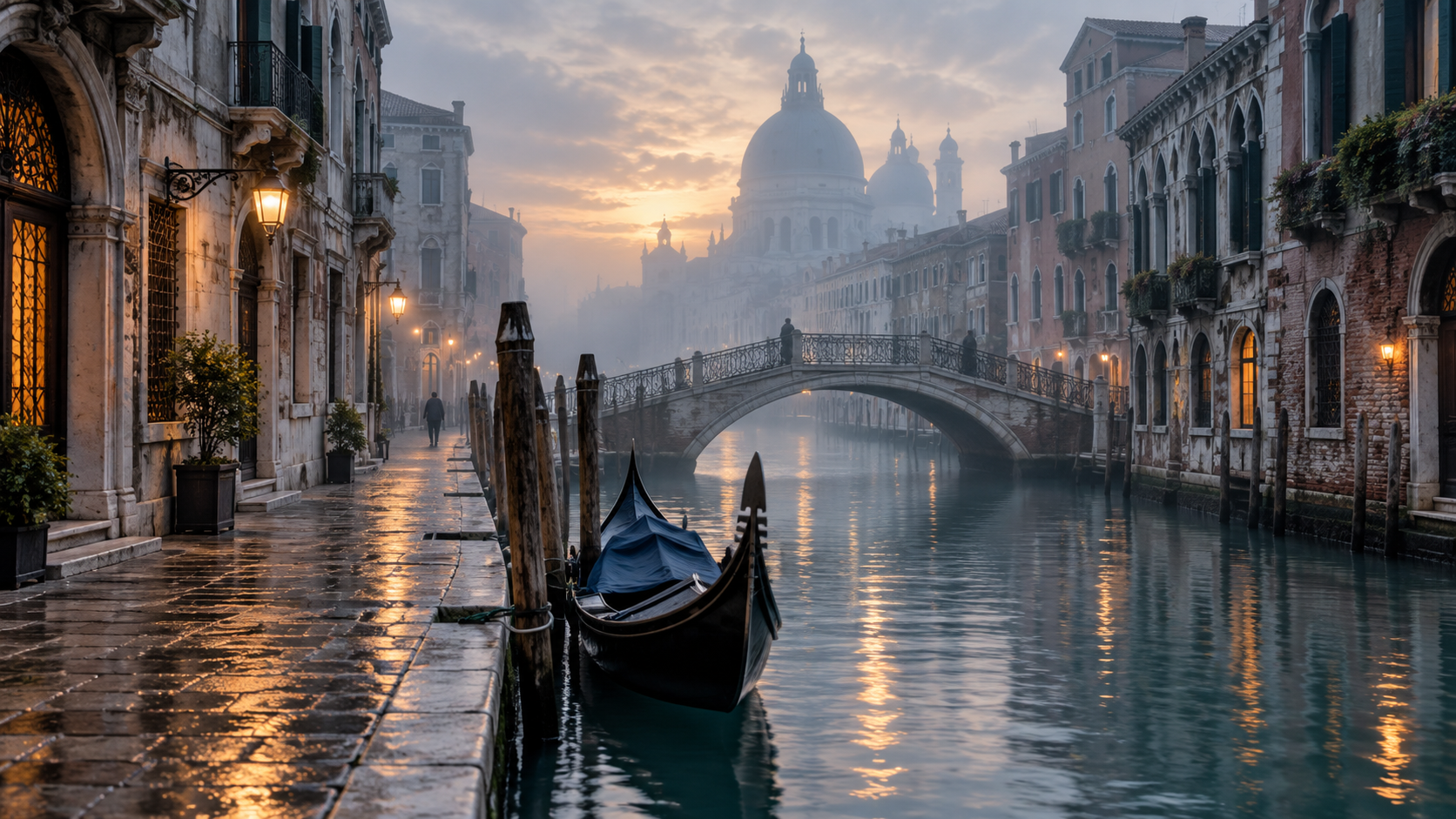 Rūku apgaubtas Venecijos kanalas vasario rytą su prišvartuota gondola ir šlapiu akmeniniu taku