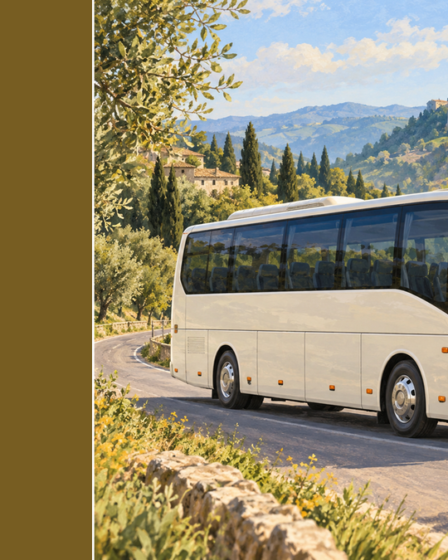AI iliustracija: neženklintas autobusas kalvų kelyje su įsivaizduotu akmeniniu miesteliu fone