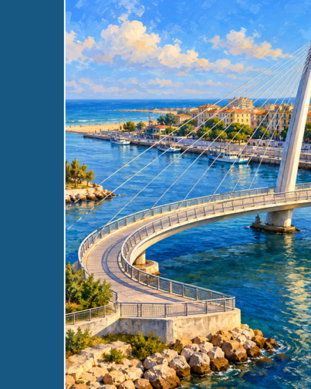 Originali DI iliustracija – Ponte del Mare įkvėptas lenktas pėsčiųjų tiltas su vienu pasvirusiu pilonu, ne dokumentinė Peskaros nuotrauka.