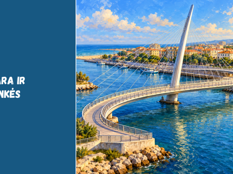 Originali DI iliustracija – Ponte del Mare įkvėptas lenktas pėsčiųjų tiltas su vienu pasvirusiu pilonu, ne dokumentinė Peskaros nuotrauka.