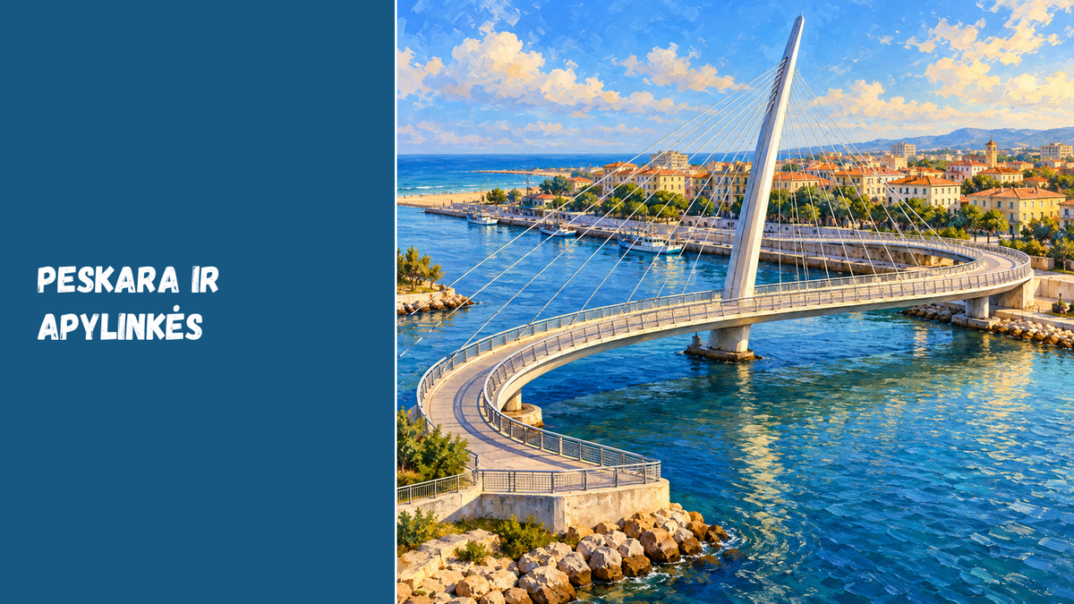Originali DI iliustracija – Ponte del Mare įkvėptas lenktas pėsčiųjų tiltas su vienu pasvirusiu pilonu, ne dokumentinė Peskaros nuotrauka.