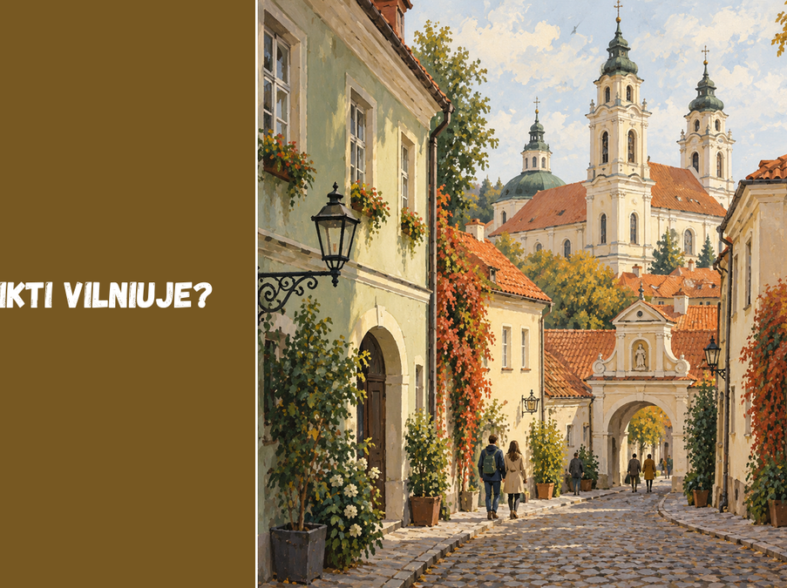 Originali AI iliustracija: įsivaizduota Vilniaus senamiesčio įkvėpta gatvė su bokštais, ne dokumentinė vietos nuotrauka