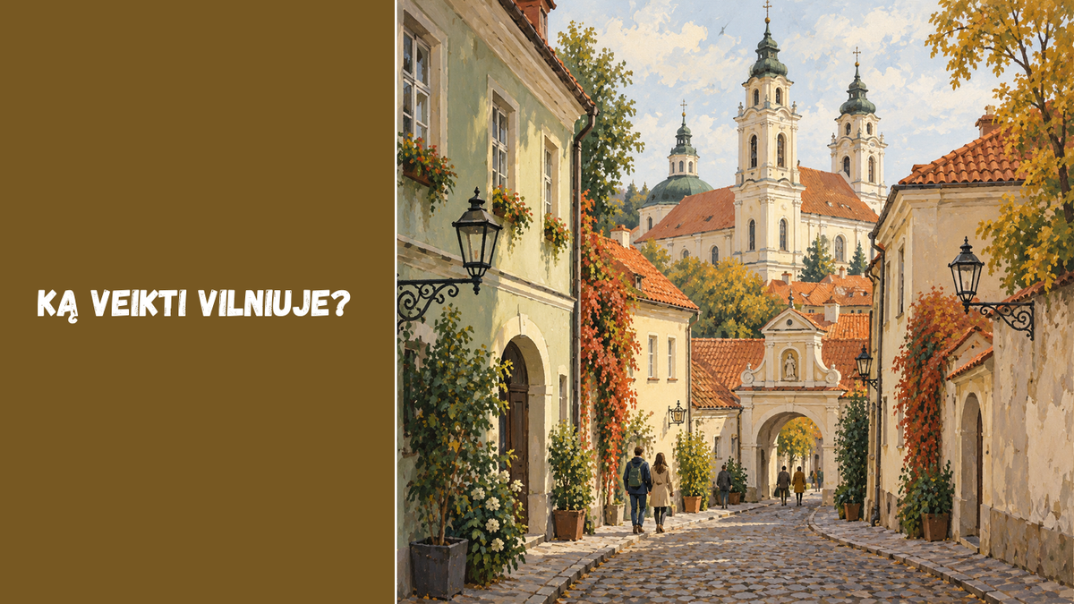 Originali AI iliustracija: įsivaizduota Vilniaus senamiesčio įkvėpta gatvė su bokštais, ne dokumentinė vietos nuotrauka