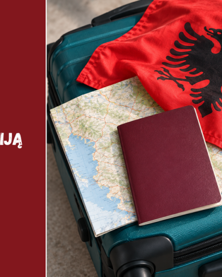 Originali DI iliustracija: Albanijos vėliava, užverstas dokumentas ir sulankstytas žemėlapis ant kelioninio lagamino.