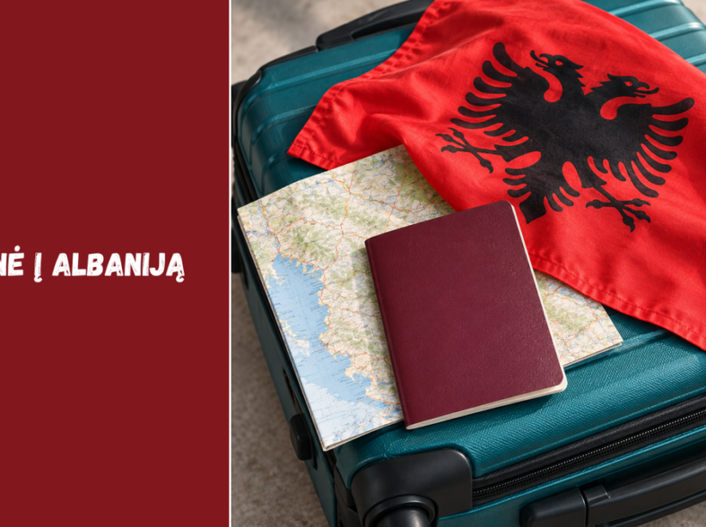Originali DI iliustracija: Albanijos vėliava, užverstas dokumentas ir sulankstytas žemėlapis ant kelioninio lagamino.