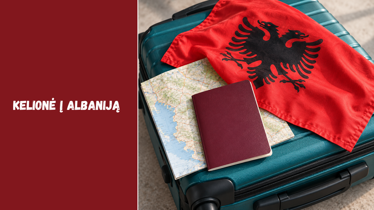 Originali DI iliustracija: Albanijos vėliava, užverstas dokumentas ir sulankstytas žemėlapis ant kelioninio lagamino.