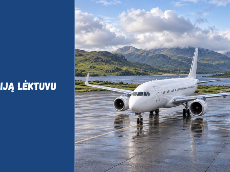 Originali DI iliustracija – keleivinis lėktuvas su abiem pilnais sparnais prie Škotijos įkvėpto kraštovaizdžio, ne tikro oro uosto nuotrauka