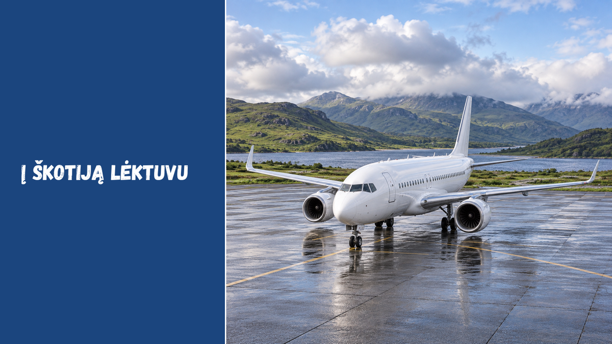 Originali DI iliustracija – keleivinis lėktuvas su abiem pilnais sparnais prie Škotijos įkvėpto kraštovaizdžio, ne tikro oro uosto nuotrauka
