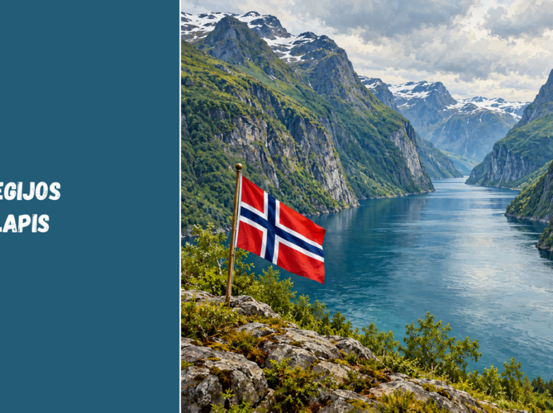 Originali DI iliustracija: stilizuotas Norvegijos fiordų kraštovaizdis ir Norvegijos vėliava, ne konkrečios vietos nuotrauka ar žemėlapis.