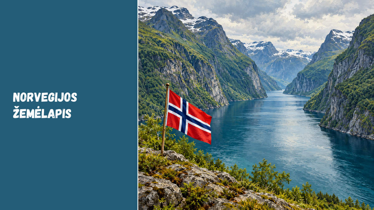Originali DI iliustracija: stilizuotas Norvegijos fiordų kraštovaizdis ir Norvegijos vėliava, ne konkrečios vietos nuotrauka ar žemėlapis.
